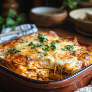 Chicken enchiladas casserole with bubbling cheese and golden top