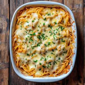 Chicken Spaghetti creamy casserole with golden cheese and baked pasta
