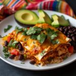 Chicken Enchiladas Casserole – The Ultimate Comfort Dish with a Mexican Twist 8 Chicken enchiladas casserole served with rice and avocado